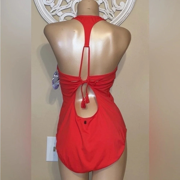 PRana women’s bathing suit xl 16 swim one piece pink orange halter cutout tassel - Picture 3 of 11